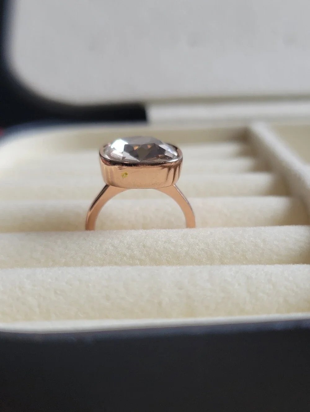 Premier Designs Ring, Rose Goldtone with Bevel Set Cushion Cut Crystal, Size 4.5